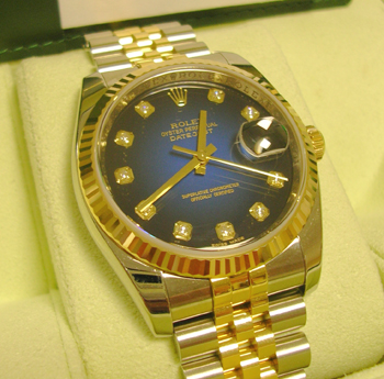 Bicolour Datejust model 116233 with graduated <b>BLUE / DIAMOND DOT DIAL</b>, Ju