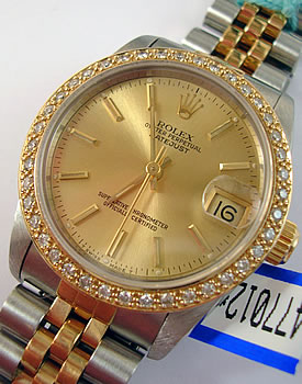 Bi-colour Datejust, diamonds added to bezel after manufacture, Serviced by us No