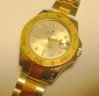 Approx 2001 midi bicolour Yacht-master, silver dial. In original box, serviced F