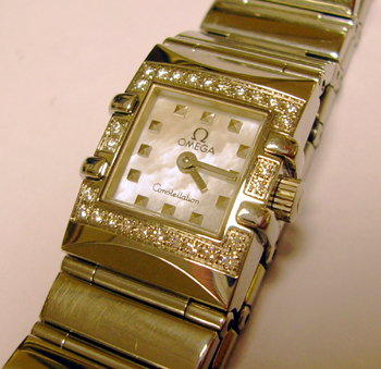 Lady's steel <b>Omega</b> Constellation Quadra with diamond bezel and mother-of-
