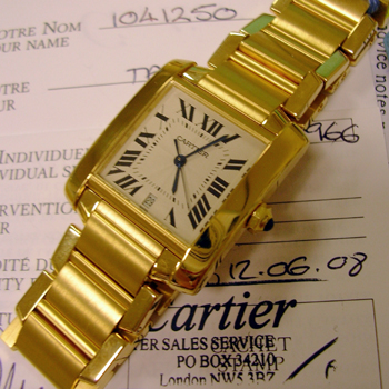Full-size <b>gent's Cartier Tank Francaise automatic bracelet watch in 18ct yell