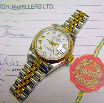 2003 bicolour Datejust with pretty white / roman numeral dial on Jubilee bracele