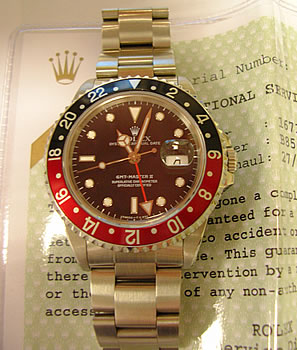 Steel GMT-Master II with boxes & papers, red & black bezel. Serviced by Rolex UK