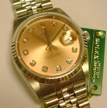 NEVER WORN steel & white metal Datejust with salmon-pink DIAMOND DIAL, boxes & m