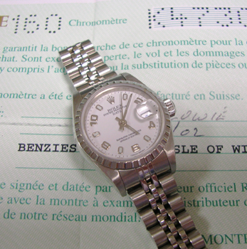 2002 lady's steel Rolex DATE with boxes and papers, just been serviced by us!