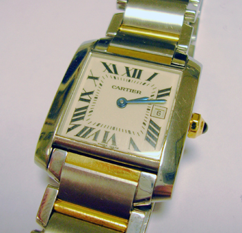 Mid-size bicolour <b>Cartier</b> Tank Francaise quartz bracelet watch.