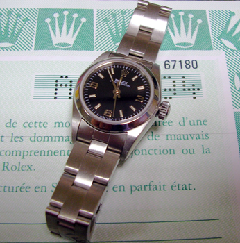 c.2000 steel Oyster Perpetual non-date model 67180 with black dial on Oyster bra