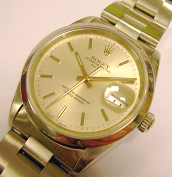 Steel Oyster Perpetual DATE model 15200 with silver baton dial / Oyster bracelet