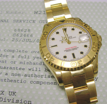 Late 1990s 18ct mid-size Yachtmaster model 68628 with white dial, genuine box-se