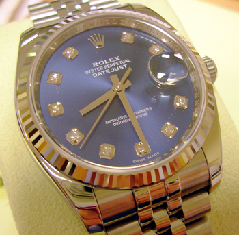 <b>UNWORN</b> steel and white metal Datejust model 116234 with <b>BLUE / diamond