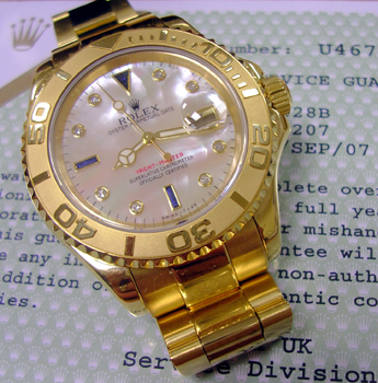 Full size 18ct gold Yachtmaster model 16628 B with <b>original Mother-of-Pearl, 